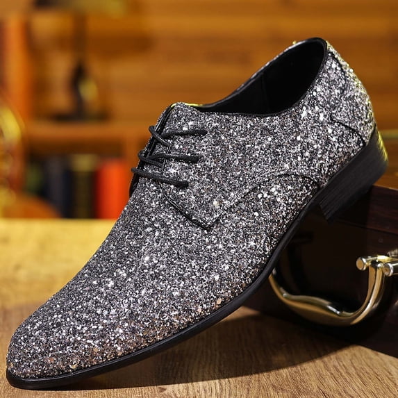 Men's Formal Dress Shoes Glliter Shiny Business Loafer (Silver 42)