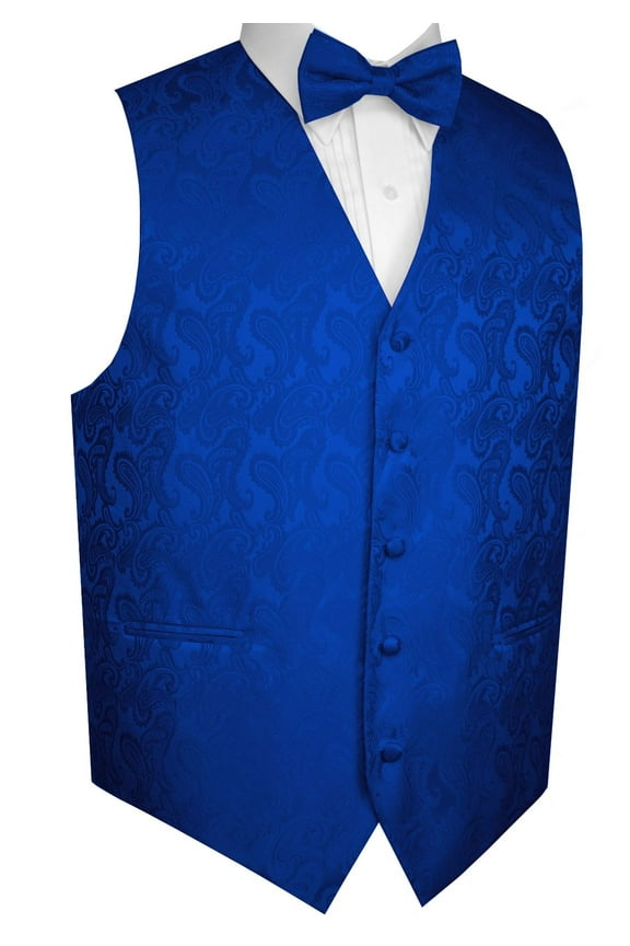 Men's Formal, Prom, Wedding, Tuxedo Vest, Bow-Tie & Hankie Set in Blue Paisley