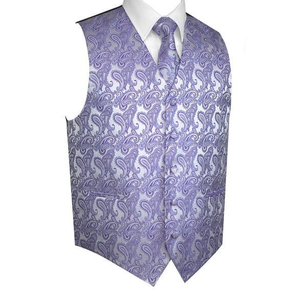 Men's Formal, Prom, Wedding, Tuxedo Vest, Tie & Hankie Set in Lavender Paisley - 5XL