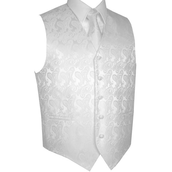 Men's Formal, Prom, Wedding, Tuxedo Vest, Tie & Hankie Set in White Paisley - 4XL