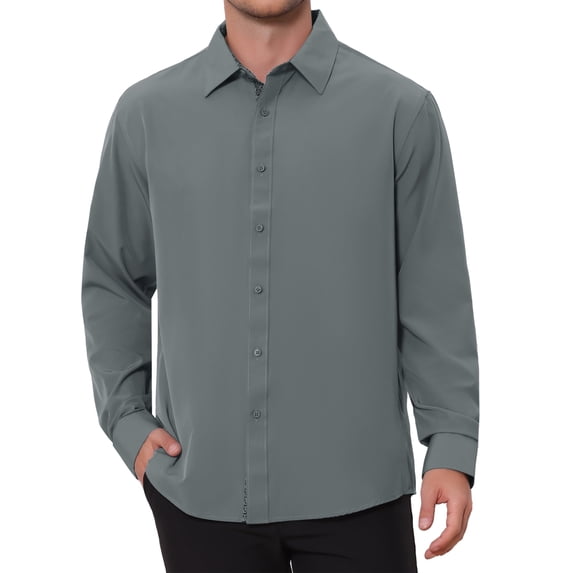 Men's Formal Shirts Plaid Collar Long Sleeve Button Down Dress Shirt 3XL Gray