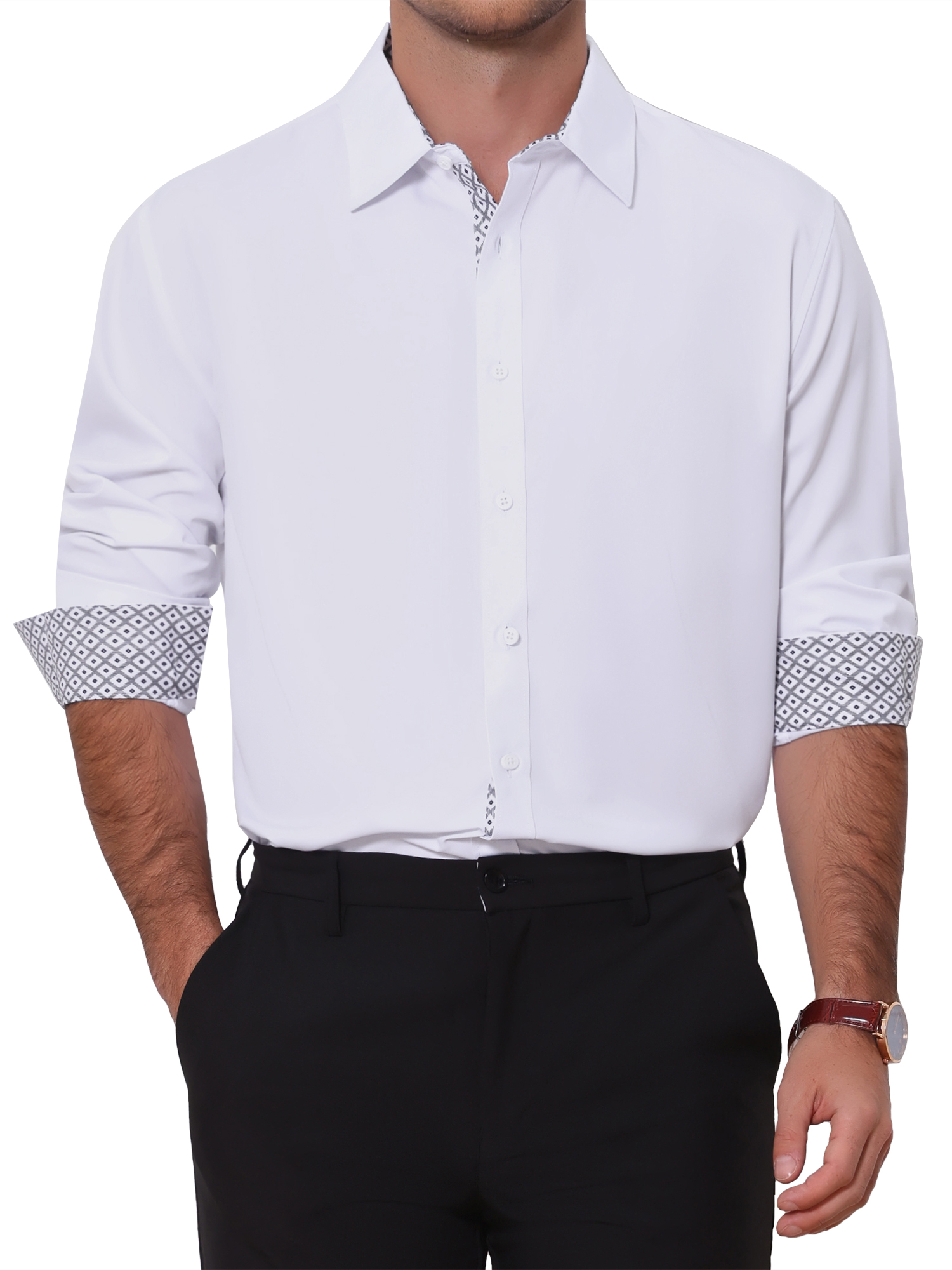 Men's Formal Shirts Plaid Collar Long Sleeve Button Down Dress Shirt 3XL White