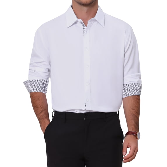 Men's Formal Shirts Plaid Collar Long Sleeve Button Down Dress Shirt M White