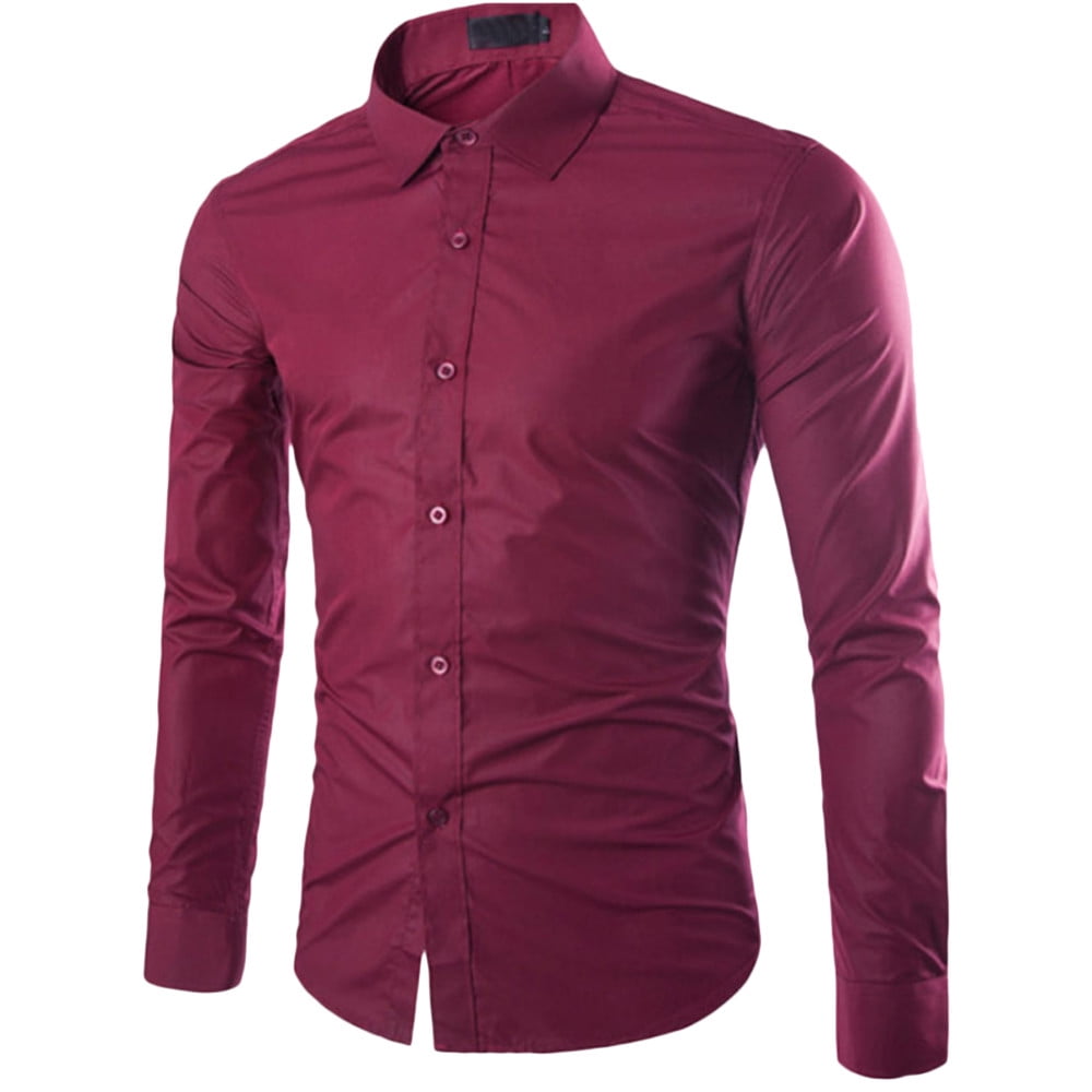 Men's Formal Slim Fit Button Down Shirts Business Long Sleeve Shirt Red