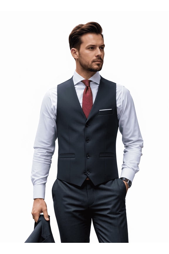Men's Formal Slim Suit Vest V Neck Button Down Solid Waistcoat with Patch Pockets for Wedding Business XL