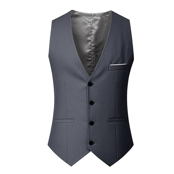Men's Formal Slim Suit Vest V Neck Button Down Solid Waistcoat with Patch Pockets Gray XL