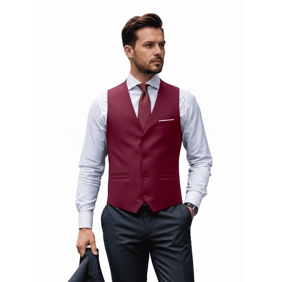 Men's Formal Slim Suit Vest V Neck Button Down Solid Waistcoat with Patch Pockets for Wedding Business 3XL