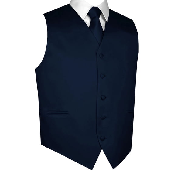 BEST TUXEDO Men's Formal, Prom, Wedding, Homecoming, Tuxedo Vest, Tie & Hankie Set in Navy Solid Satin - 2XL