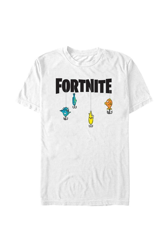 Men's Fortnite Fishing Lure Black Logo Graphic Tee White Small
