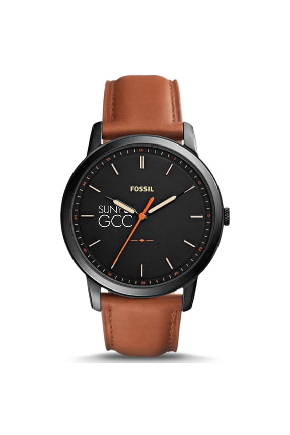 Men's Fossil Black SUNY Genesee Community College Minimalist Slim Light Brown Leather Watch