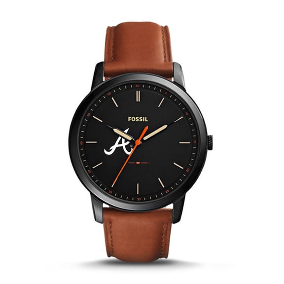 Men's Fossil Brown Atlanta Braves Minimalist Leather Watch