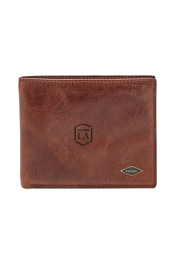 Men's Fossil Brown Cal State L.A. Golden Eagles Leather Ryan RFID Flip ID Bifold Wallet