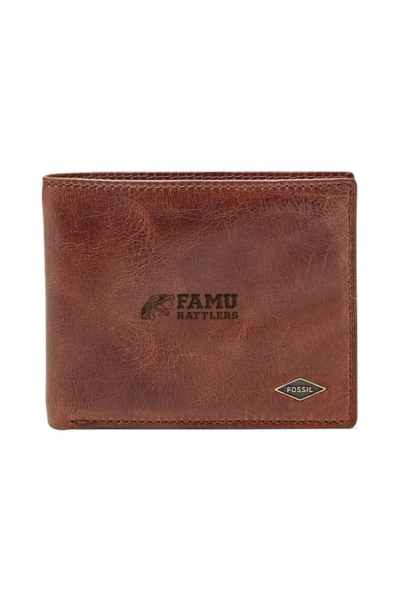 Men's Fossil Brown Florida A&M Rattlers Leather Ryan RFID Flip ID Bifold Wallet