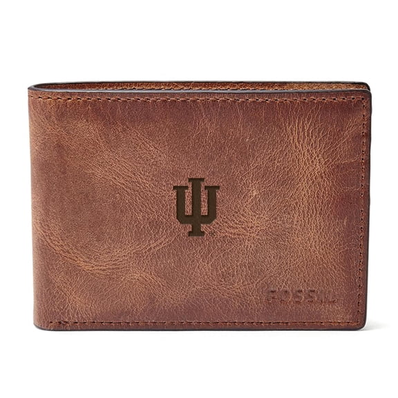 Men's Fossil Brown Indiana Hoosiers Derrick Front Pocket Leather Bi-Fold Wallet