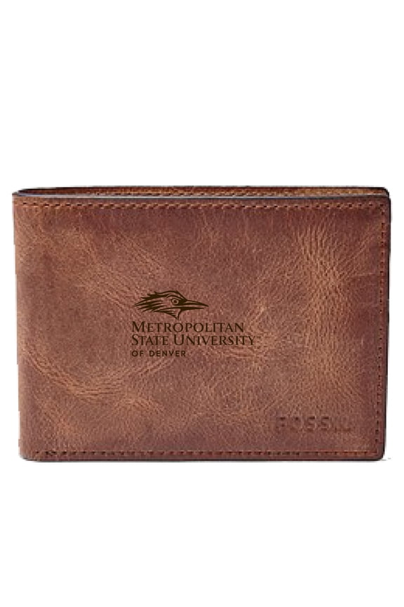 Men's Fossil Brown MSU Denver Roadrunners Leather Derrick Front Pocket Bi-Fold Wallet