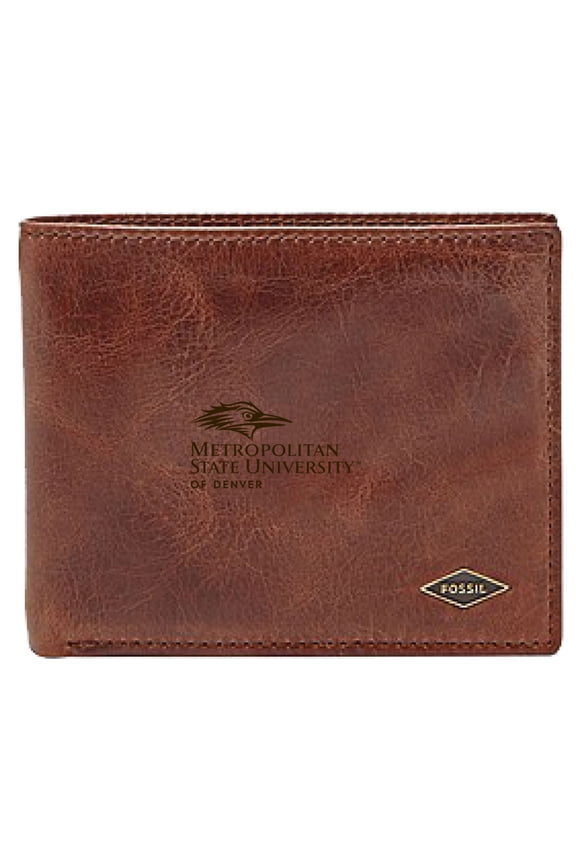 Men's Fossil Brown MSU Denver Roadrunners Leather Ryan RFID Flip ID Bifold Wallet