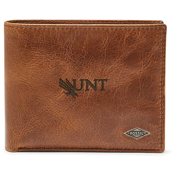 Men's Fossil Brown North Texas Mean Green Leather Ryan RFID Passcase Wallet