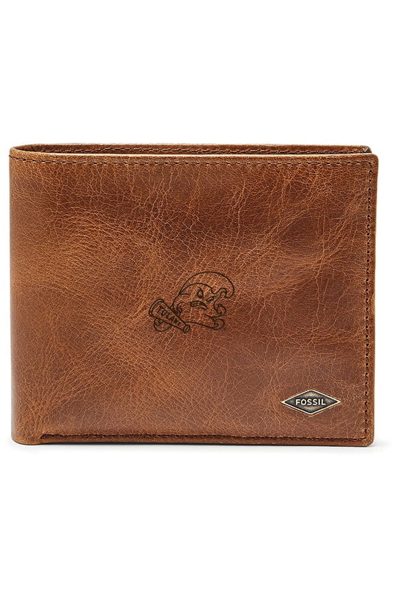 Men's Fossil Brown Tulane Green Wave Leather Ryan RFID Passcase Wallet