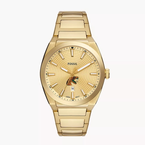 Men's Fossil Gold Florida A&M Rattlers Everett Three-Hand Date Stainless Steel Watch