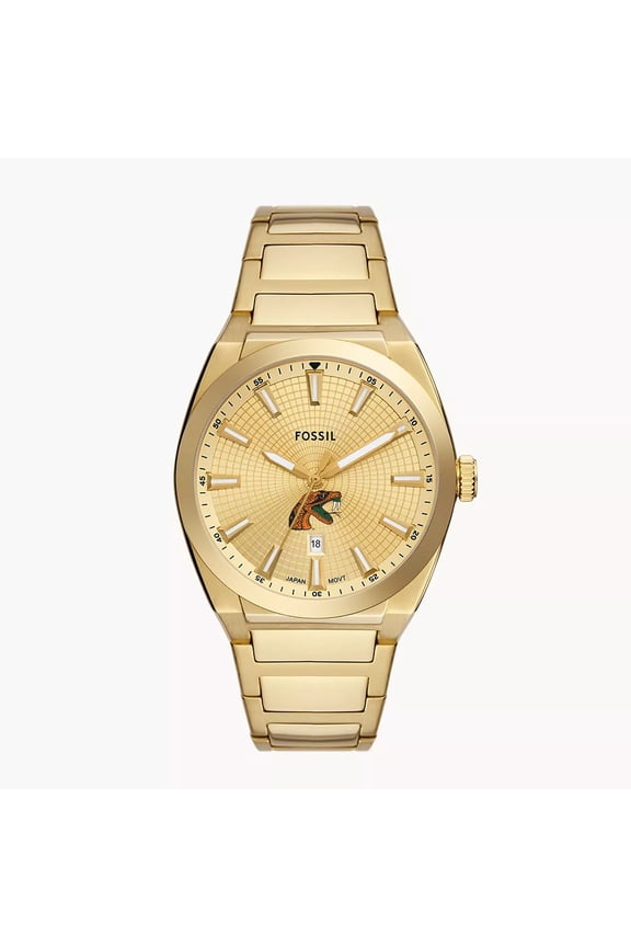 Men's Fossil Gold Florida A&M Rattlers Everett Three-Hand Date Stainless Steel Watch