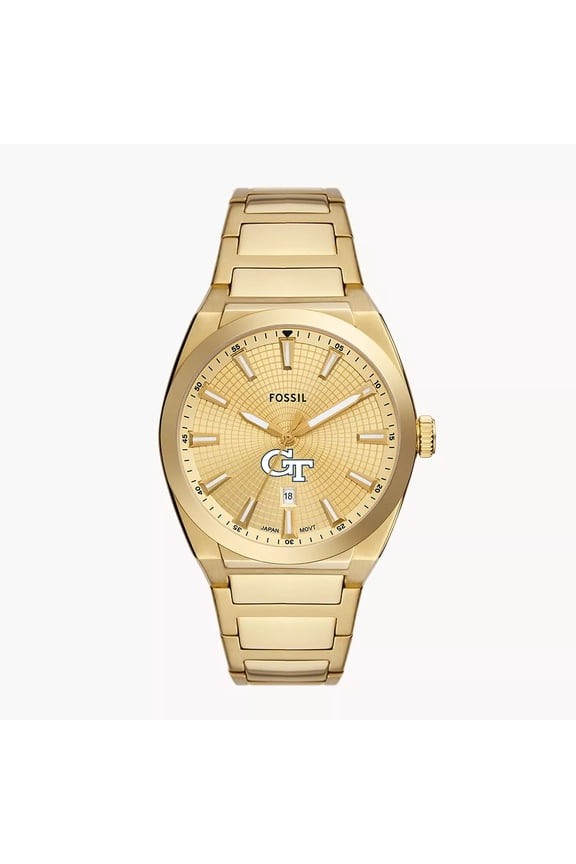 Men's Fossil Gold Georgia Tech Yellow Jackets Everett Three-Hand Date Stainless Steel Watch