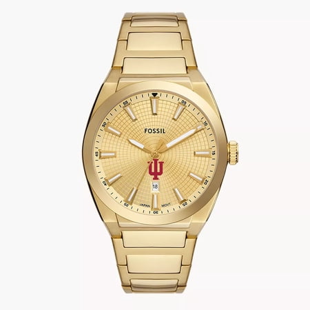 Men's Fossil Gold Indiana Hoosiers Everett Three-Hand Date Stainless Steel Watch