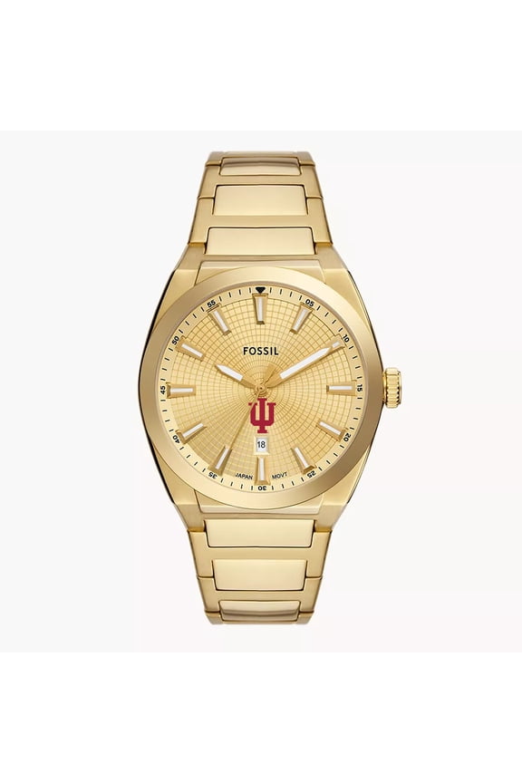 Men's Fossil  Gold Indiana Hoosiers Everett Three-Hand Date Stainless Steel Watch