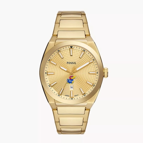 Men's Fossil Gold Kansas Jayhawks Everett Three-Hand Date Stainless Steel Watch