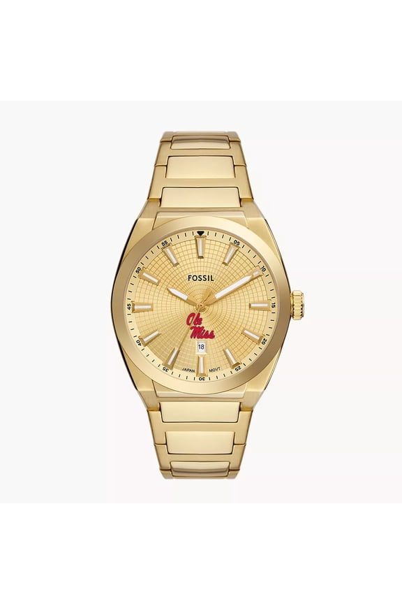 Men's Fossil  Gold Ole Miss Rebels Everett Three-Hand Date Stainless Steel Watch