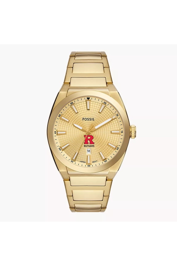 Men's Fossil Gold Rutgers Scarlet Knights Everett Three-Hand Date Stainless Steel Watch
