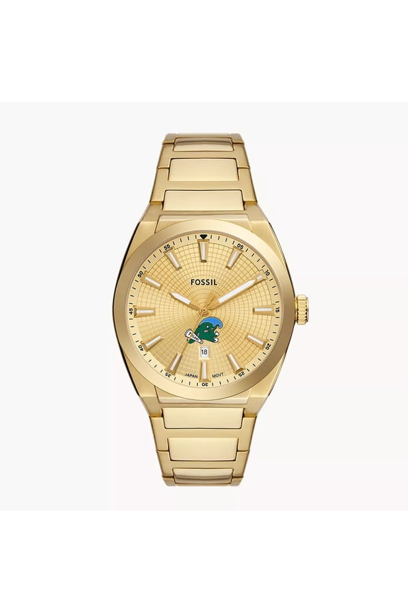 Men's Fossil Gold Tulane Green Wave Everett Three-Hand Date Stainless Steel Watch