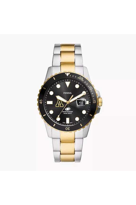 Men's Fossil Silver Appalachian State Mountaineers Blue Dive Three-Hand Date Two-Tone Stainless Steel Watch