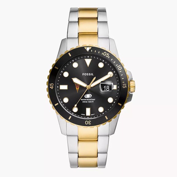 Men's Fossil Silver Arizona State Sun Devils Blue Dive Three-Hand Date Two-Tone Stainless Steel Watch