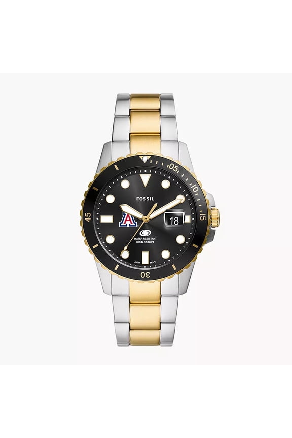 Men's Fossil Silver Arizona Wildcats Blue Dive Three-Hand Date Two-Tone Stainless Steel Watch