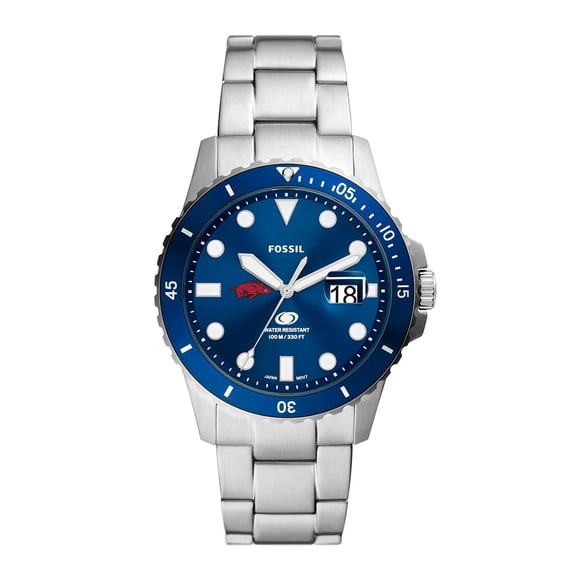 Men's Fossil Silver Arkansas Razorbacks Dive Three-Hand Date Stainless Steel Watch