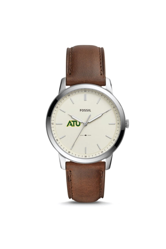 Men's Fossil Silver Arkansas Tech Wonder Boys The Minimalist Brown Leather Watch