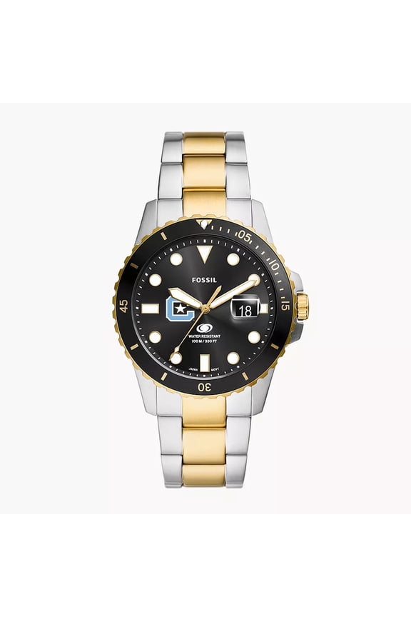 Men's Fossil Silver Citadel Bulldogs Blue Dive Three-Hand Date Two-Tone Stainless Steel Watch