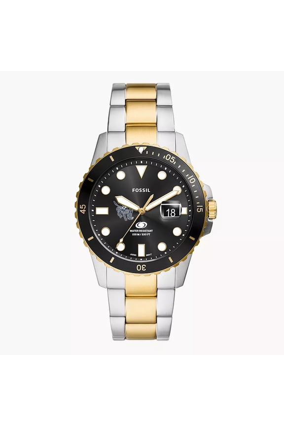 Men's Fossil Silver Colorado School of Mines Orediggers Blue Dive Three-Hand Date Two-Tone Stainless Steel Watch