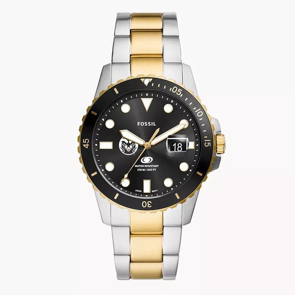 Men's Fossil Silver Colorado State Rams Blue Dive Three-Hand Date Two-Tone Stainless Steel Watch