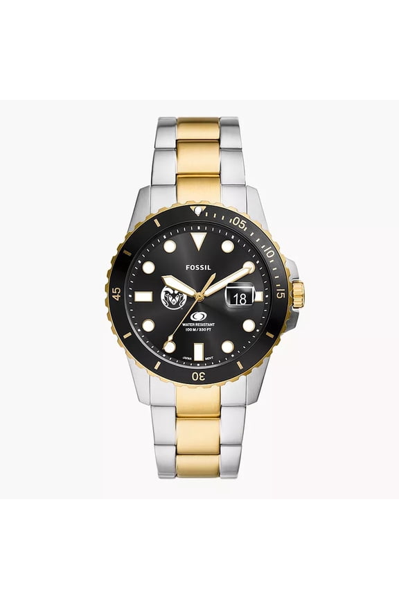 Men's Fossil Silver Colorado State Rams Blue Dive Three-Hand Date Two-Tone Stainless Steel Watch