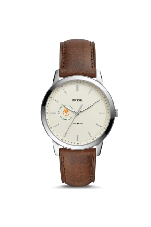 Men's Fossil  Silver Culinary Institute of America Steels The Minimalist Brown Leather Watch