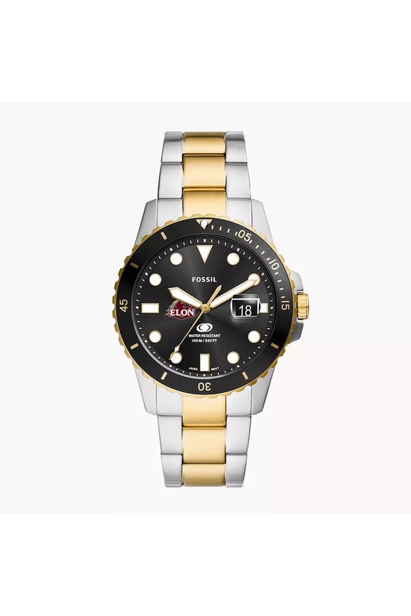 Men's Fossil Silver Elon Phoenix Blue Dive Three-Hand Date Two-Tone Stainless Steel Watch