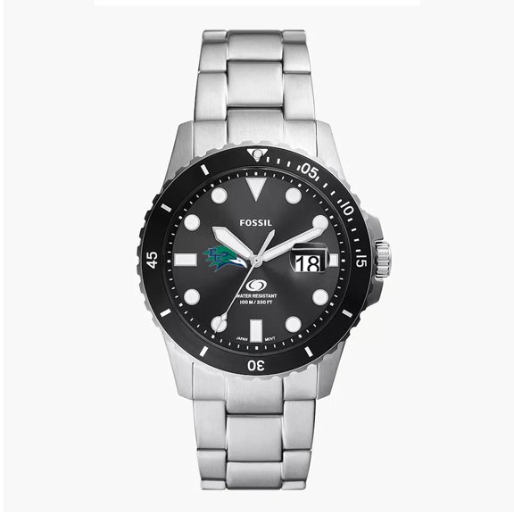 Men's Fossil Silver Endicott College Blue Dive Three-Hand Date Stainless Steel Watch