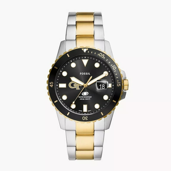 Men's Fossil Silver Georgia Tech Yellow Jackets Blue Dive Three-Hand Date Two-Tone Stainless Steel Watch