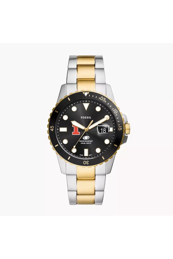 Men's Fossil Silver Illinois Fighting Illini Blue Dive Three-Hand Date Two-Tone Stainless Steel Watch