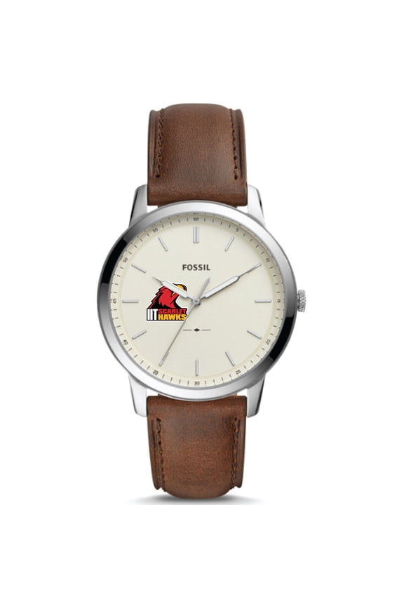 Men's Fossil  Silver Illinois Tech Scarlet Hawks The Minimalist Brown Leather Watch