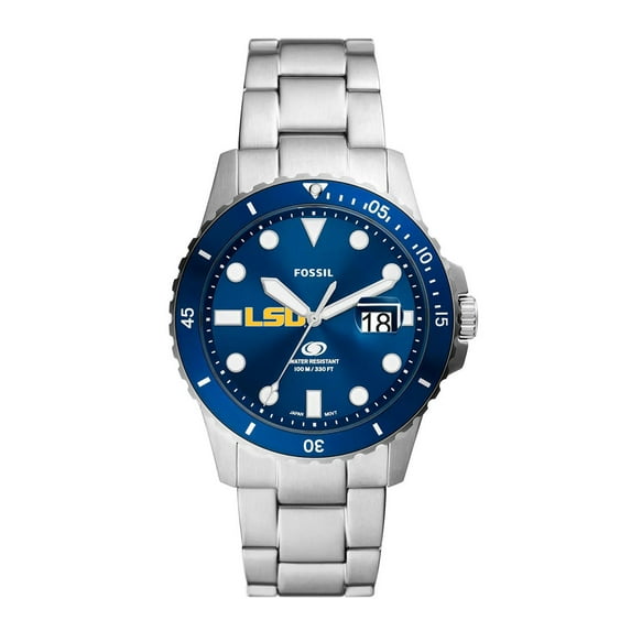 Men's Fossil Silver LSU Tigers Dive Three-Hand Date Stainless Steel Watch