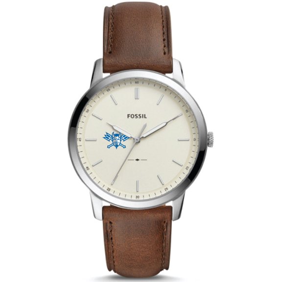 Men's Fossil  Silver Lawrence Technological University Blue Devils The Minimalist Brown Leather Watch