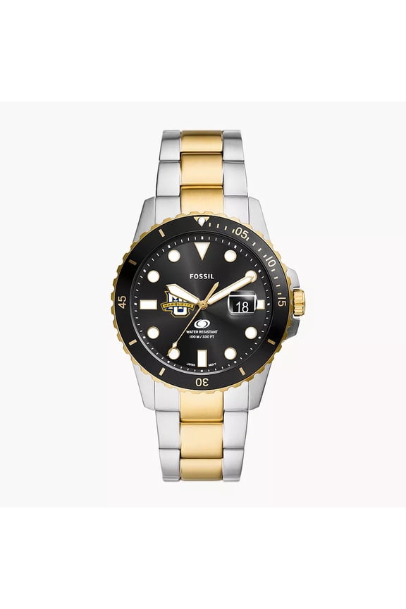 Men's Fossil Silver Marquette Golden Eagles Blue Dive Three-Hand Date Two-Tone Stainless Steel Watch