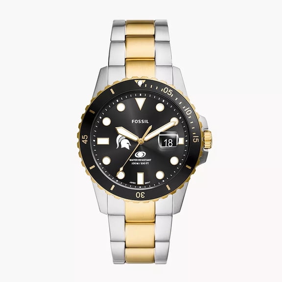 Men's Fossil Silver Michigan State Spartans Blue Dive Three-Hand Date Two-Tone Stainless Steel Watch